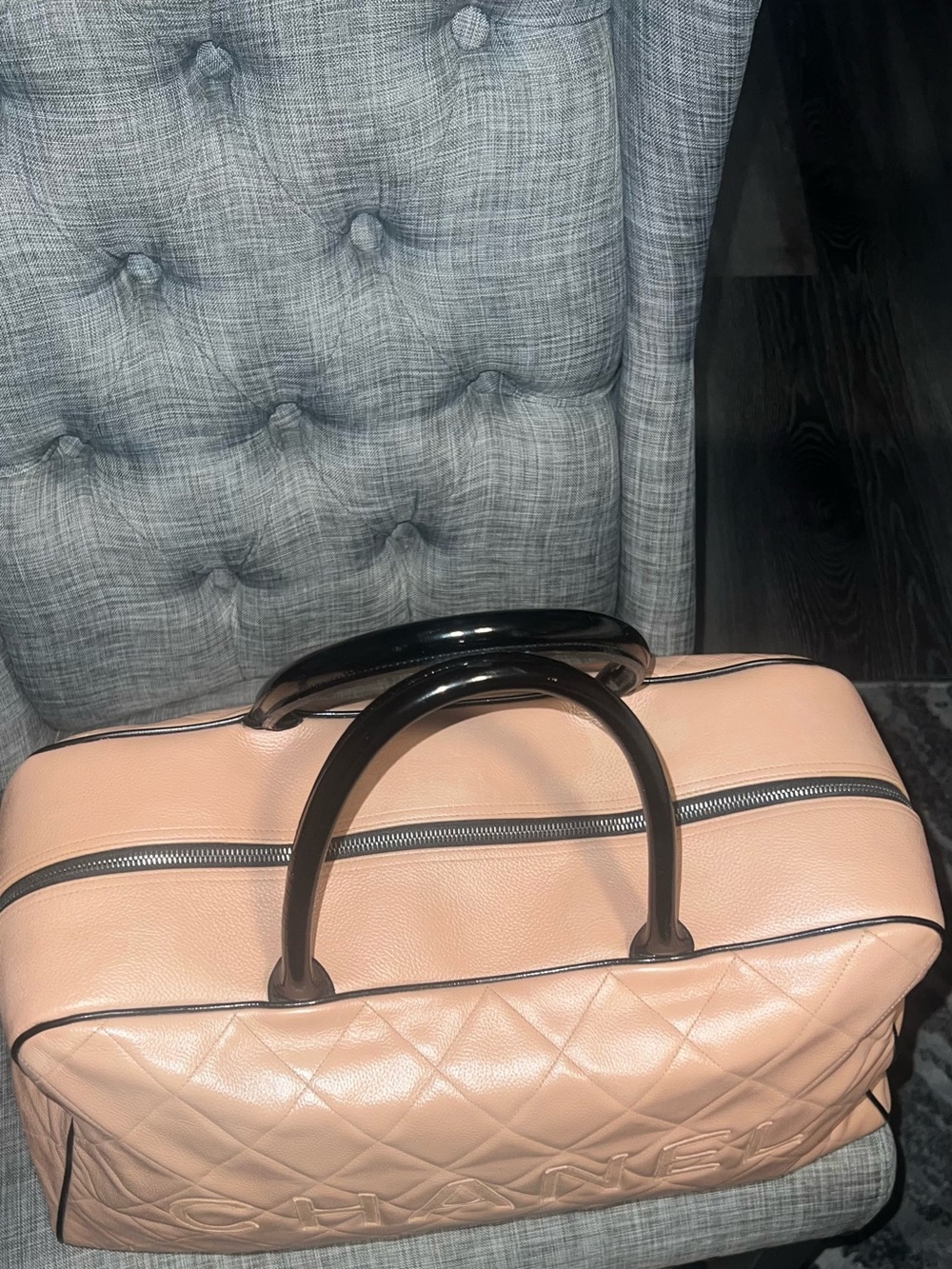 CHANEL Quilted Peach Leather Duffel with Black Handles - Picture 5 of 12